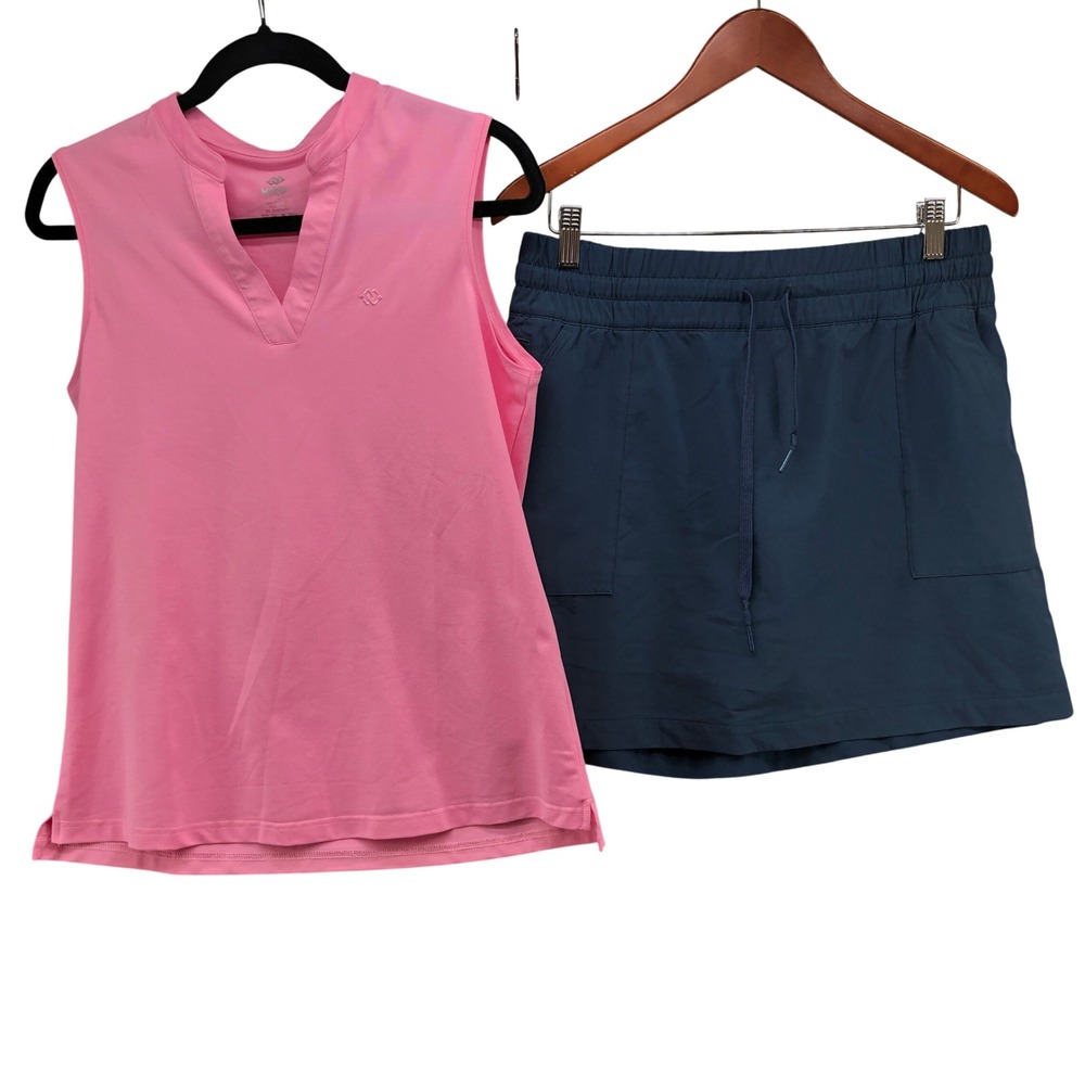 MoFiz Adidas Golf Set Womens M L Pink Blue Sleeveless Polo Top Skort 2pc Outfit